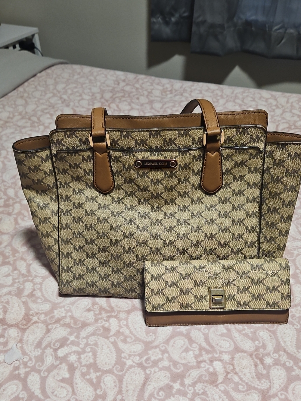 Michael Kors Tan and Beige MK Signature Tote with Matching Wallet